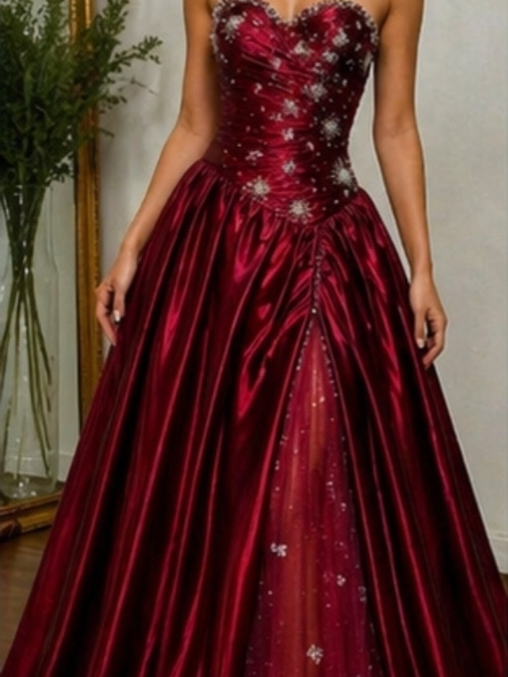 Strapless Burgundy Prom Ball Gown